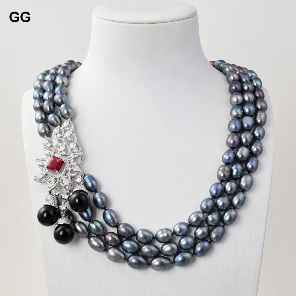 

GG Jewelry 22" 3 Strands Black Rice Pearl Necklace Sea Shell Pearl CZ Pendant