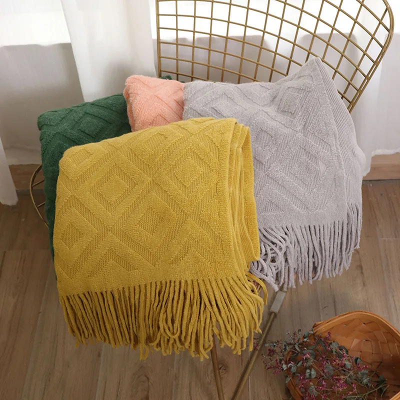 

Knitted Geometric patterns Throw Thread Blanket with Tassel on the Bed Sofa Plaid Travel TV Nap Blankets Soft Towel Bedspread