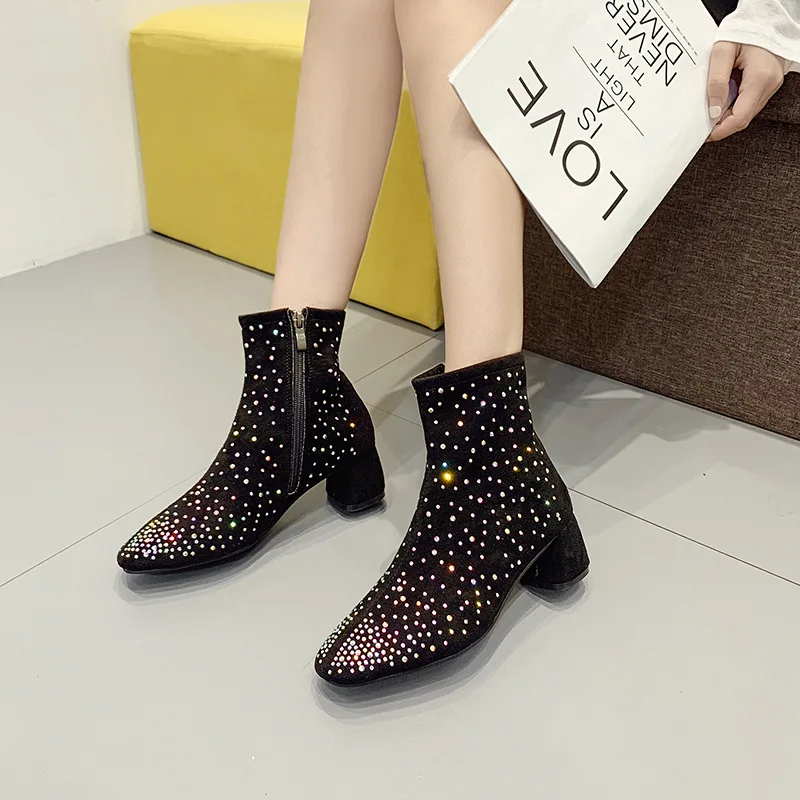 

Crystal Bootee Woman 2019 Women's Rubber Boots Shoes Low Heels booties Booties Ladies Lace Up Round Toe Luxury Designer