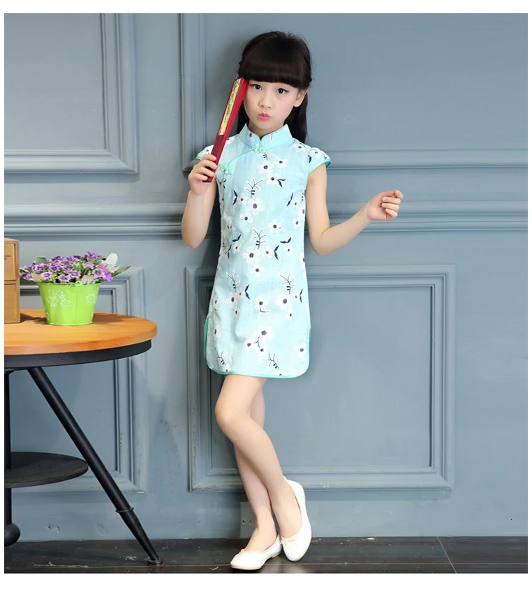 Элегантное платье Ципао для девочек, Vestidos Cheongsam, детская одежда, винтажная детская одежда с цветочным принтом, летние платья для маленьких
