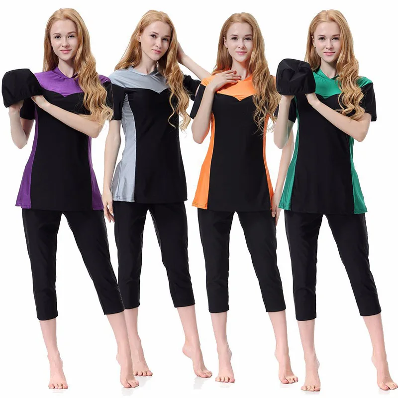 

Women Burkinis Muslim Swimwear Female Modest Patchwork hijab Full Cover Short sleeve Islamic Plus Size Swim Surf Wear Swimsuit