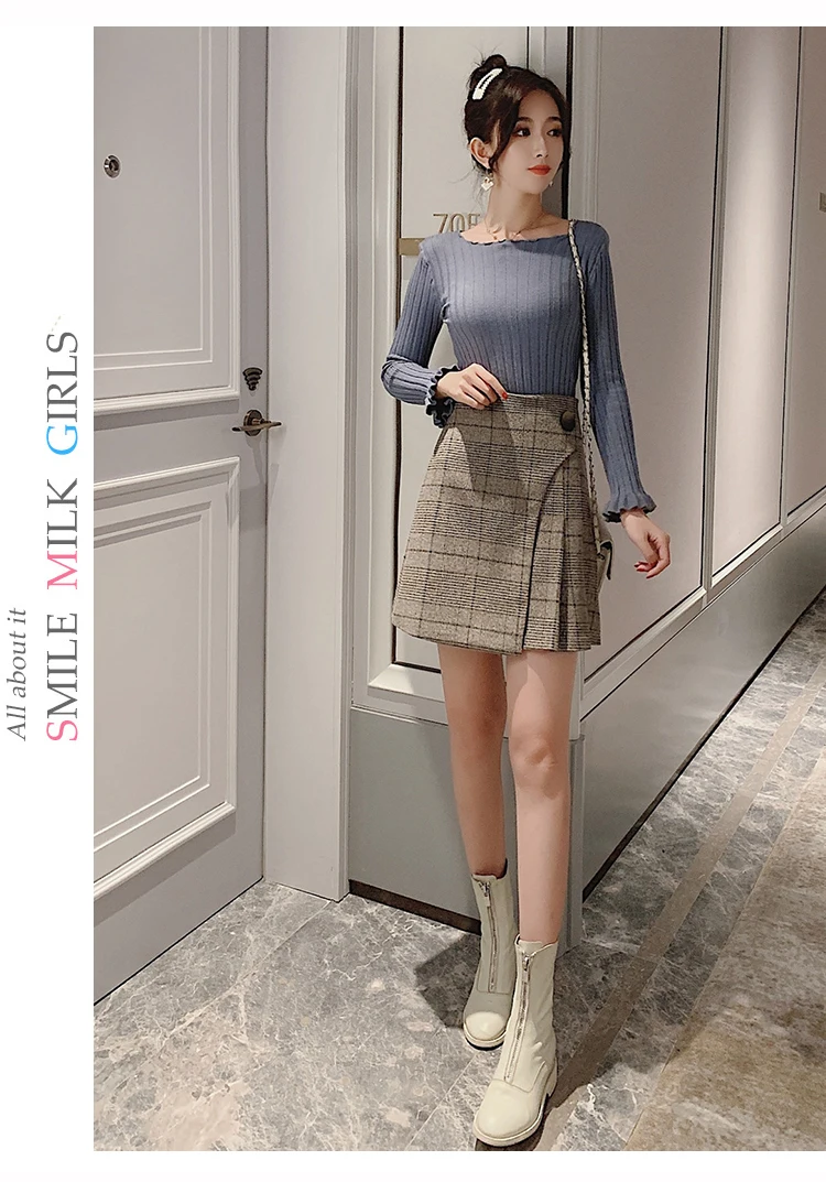 Faldas Mujer Moda, юбка с высокой талией для женщин, трапециевидная клетчатая формальная Корейская юбка, Женская Зимняя юбка 7798 50