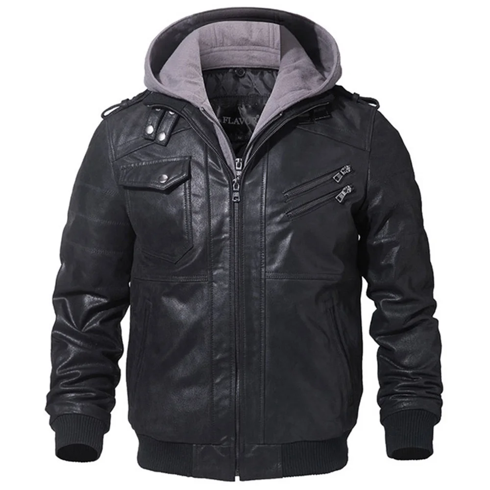 Grey Jacket Мужская кожаная куртка, Мужская мотоциклетная зимняя куртка со съемным капюшоном, мужские Модные Теплые Куртки из натуральной кожи, мужская кожаная куртка - Цвет: Grey Jacket