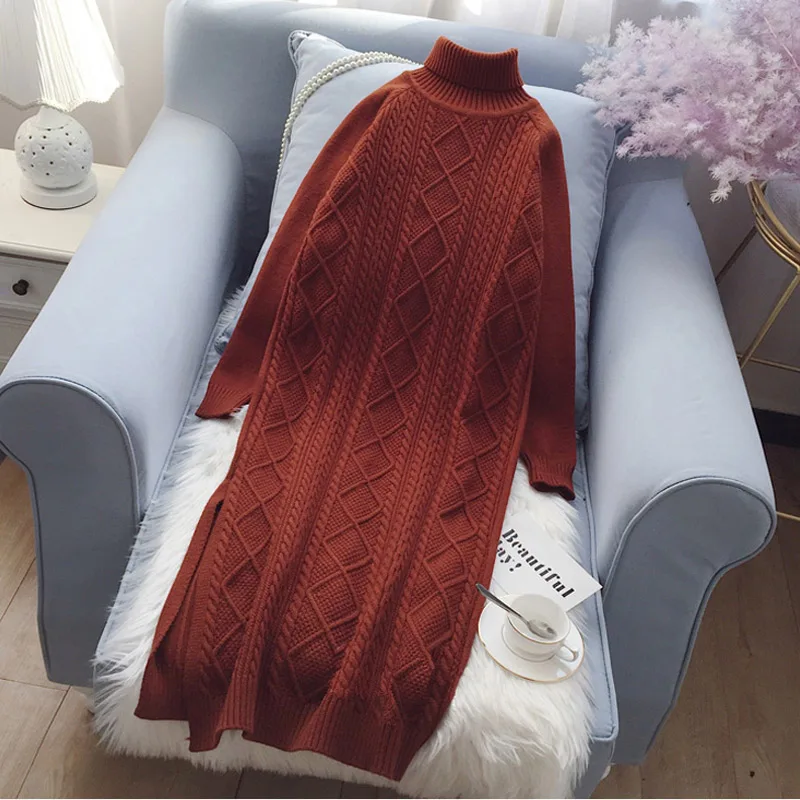 

High Elasticity Autumn 2019 Knitted Sweater Dress Women Warm Female Turtleneck Elegant Glitter Straight Dresses Sweaters Thicken