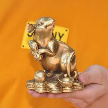 

China Feng Shui brass wealth coin peanut Zodiac animal mouse Rat lucky statue