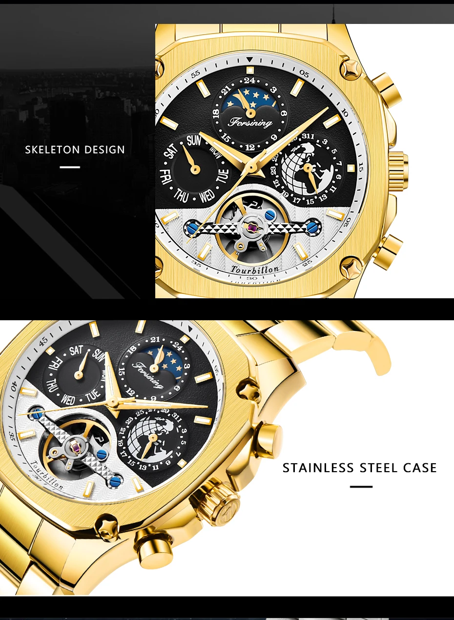 FORSINING золотые деловые часы Мужские автоматические светящиеся часы Tourbillon Moonphase механические часы Лидирующий бренд Relogio Masculino