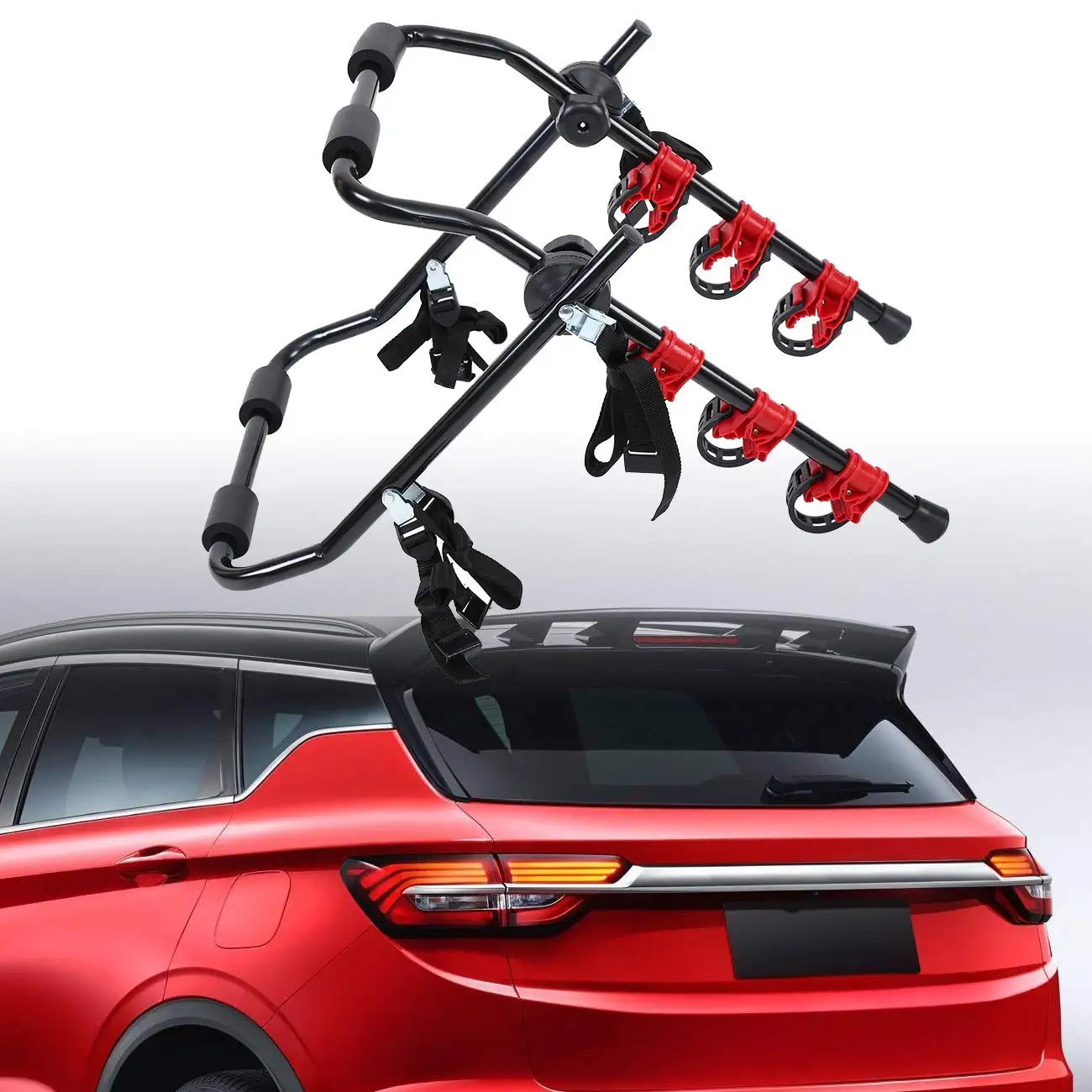 

Samger Universal Rear Bike Carrier For 3 Bikes Safety Ropes Rear Stand Carrier Hatchback Bicycle Tailgate Car Rack