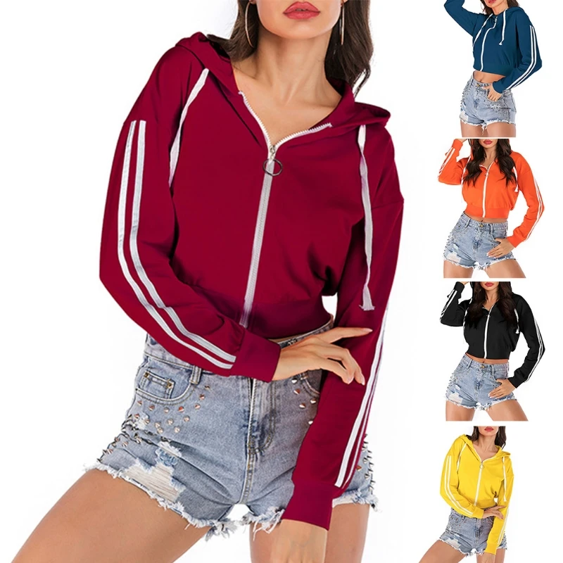 

Women Autumn Stripes Long Sleeve Hoodie Jacket Full Zip Solid Color Crop Top Sweatshirt Drawstring Casual Loose Cropped Outwear