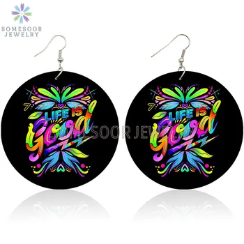 

SOMESOOR Life Is Good Words Art Painted Wood Drop Earrings Keep Real Inspiring Sayings Photos Wood Dangle Jewelry For Women Gift