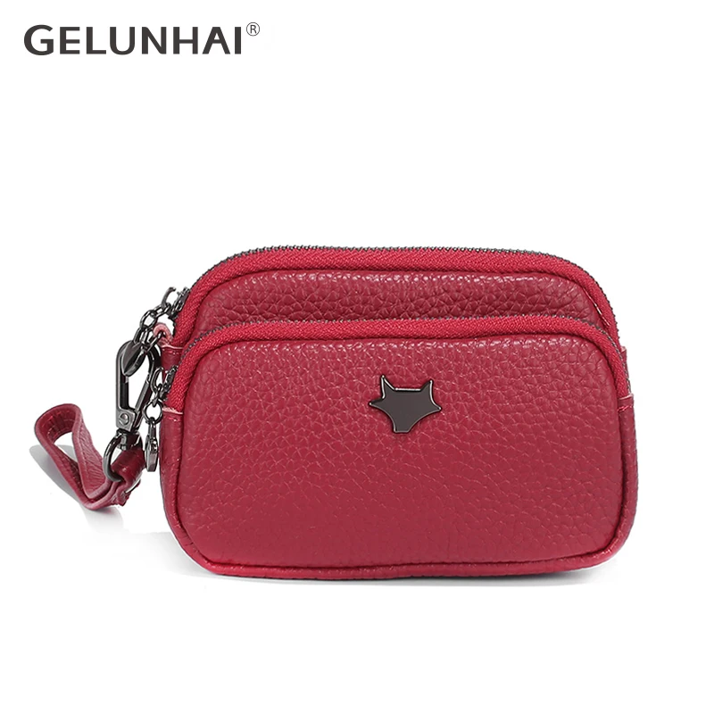

GELUNHAI Genuine Leather Women Wallets Double Zipper Design Solid Color Coin Bags Female Purse High Quality Ladies Clutch Wallet