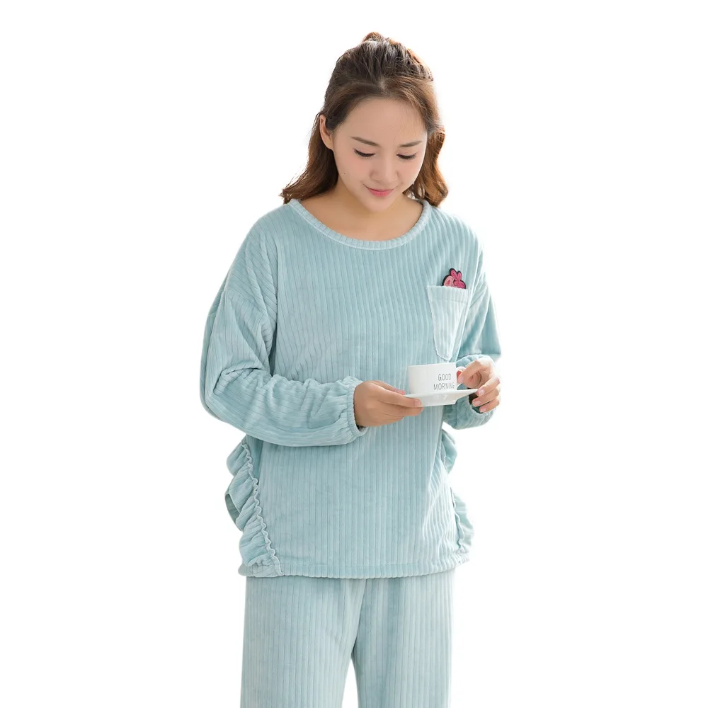 

Autumn and Winter New Long-sleeved Home Clothes Ladies Home Clothing Cute Lotus Leaf Loose Solid Color Suit