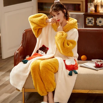 

Women Sleepwear Coral Fleece Pyjamas Hooded Winter Pajamas Medium Style Loose Version Intensification Plus Size Flannel Nighty