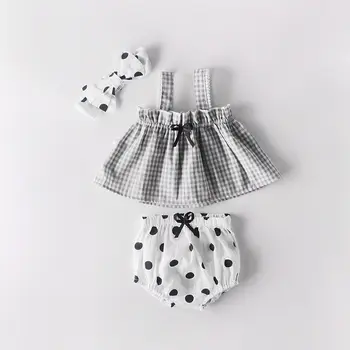 

Summer Toddler Plaid Halter Top+Pants+Headband Baby Girl Three Piece Clothing Set 3 6 9 12 18 24 Month Infant Clothes 204006