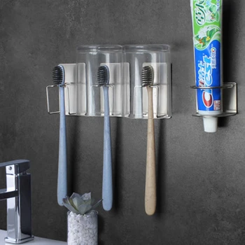 

2Pcs/Set Bathroom 304 Stainless Steel Toothbrush Cup Toothpaste Hanger Holder Kit Organizer Shelf Storage Rack Set Glue Shelves