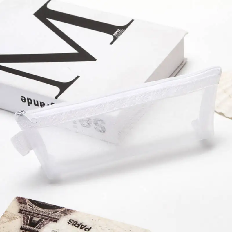 go back School Mesh Pencil bag Simple Transparent Pencil Case pouch Student Supplies Stationery Storage Bags yellow blue handbag - Цвет: white
