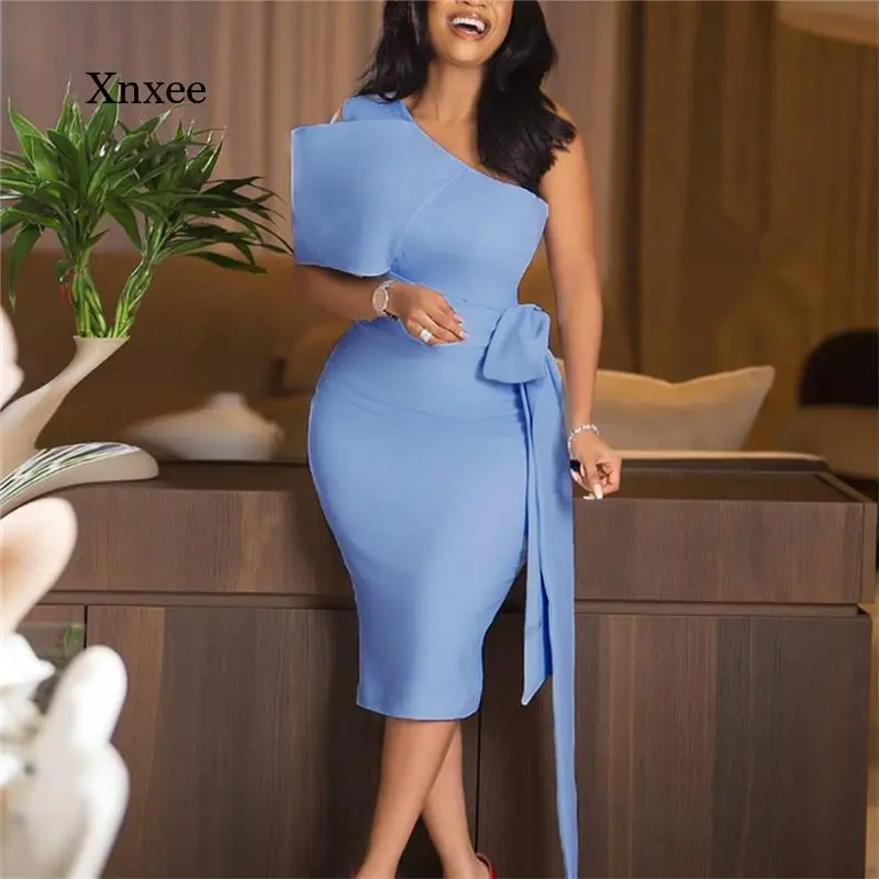 

Elegant Women Pencil Dress One Shoulder with Bowtie Waist Belt Party Chrismas Slim Birthday African Event Celebrate New Bodycon