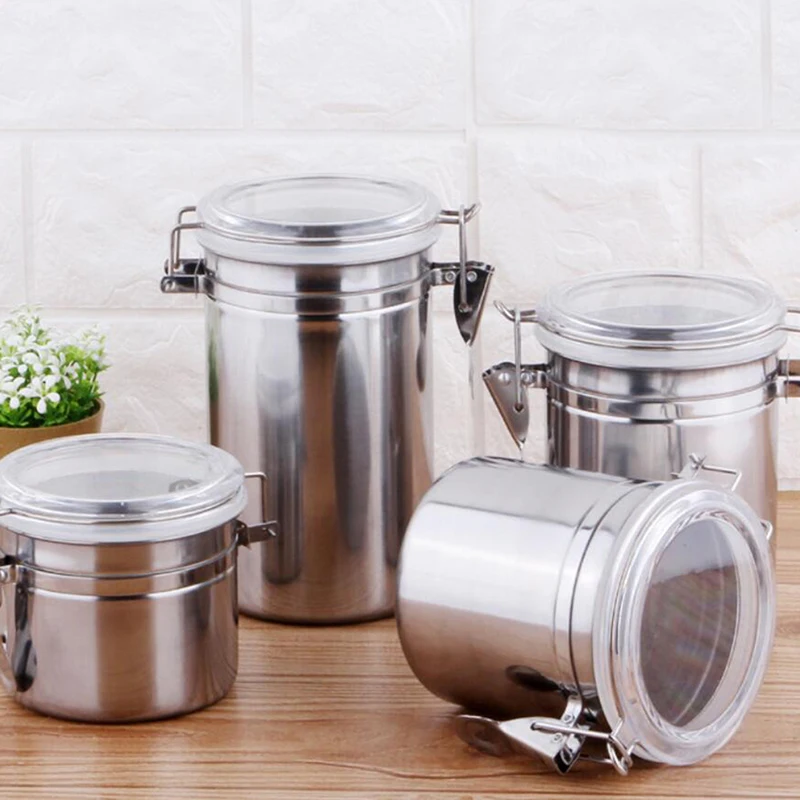 Stainless Steel Sealed Canister Tanks Coffee Bean Sugar Tea Storage Jar Bottle Kitchen Can Pot Metal Box Bowl