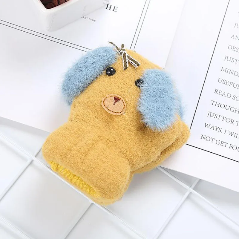 Yellow Новинка года; милые перчатки с рисунком щенка для мальчиков и девочек 0-3 лет; вязаные шерстяные детские перчатки из двойного бархата - Цвет: Yellow