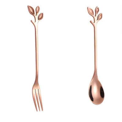 rose gold 2 шт./компл. Nordic Стиль лист Нержавеющая сталь мини Кофе ложка, вилка для фруктов Вилка для торта, десертная набор для перемешивания чайная ложка творческие подарки - Цвет: rose gold