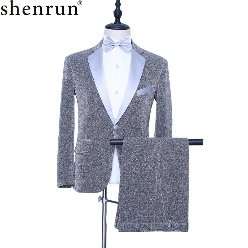 

Shenrun Men 2 Pieces Silver Tuxedo Slim Fashion Groom Suit Jacket Pants Singer Drummer Host Party Prom Costume Night Club Suits