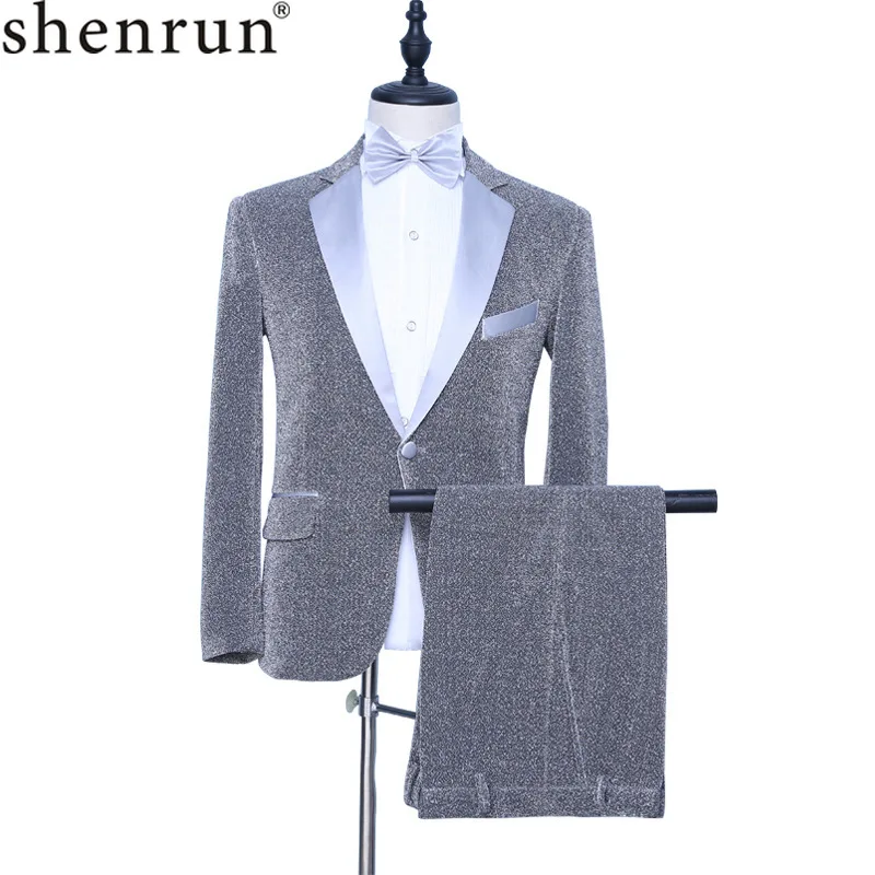 Shenrun Men 2 Pieces Silver Tuxedo Slim Fashion Groom Suit Jacket Pants ...