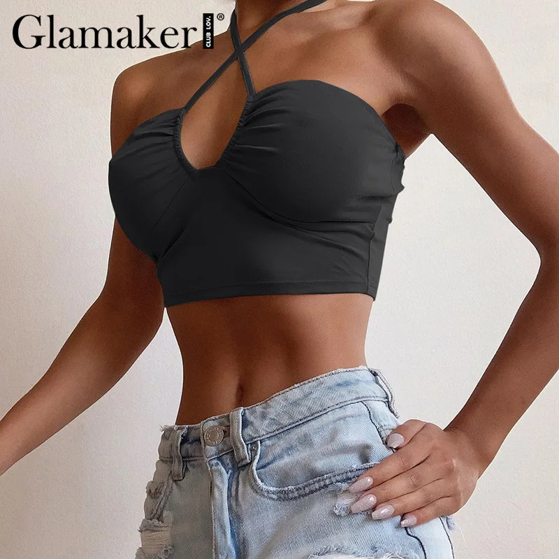 Glamaker, модный вязаный короткий топ с вырезом на шее, для женщин, открытая спина, уличная одежда, фестиваль, cami, летний сексуальный клубный белый короткий топ