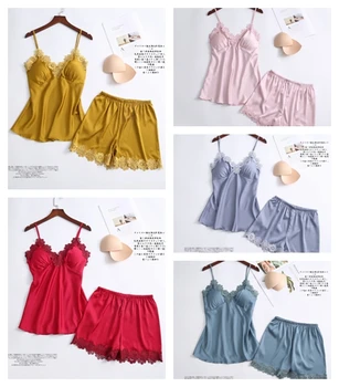 

Women's Sexy Pajamas 2 Piece Set & Summer Sexy Ice Ribbon Chest Pad Spaghetti Strap 2 Pcs Set Pajamas Size M-XXL