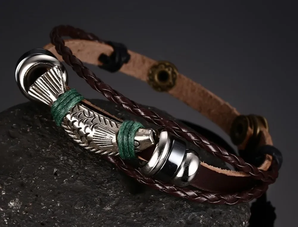 Мужской кожаный браслет форель с серебряным тональным рыбьим кожаным браслетом в коричневой плетеной веревочке, мужские ювелирные изделия