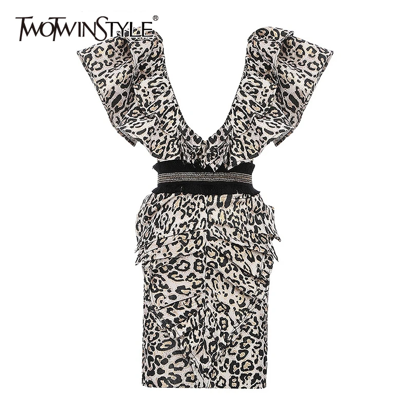 

TWOTWINSTYLE Ruffle Leopard Dress Women V Neck Sleeveless Backless Sexy Bodycon Dresses Female 2020 Spring Summer Fashion New