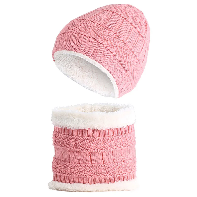 Зимние Детские теплые шапки, шарфы, комплект, модные однотонные теплые вязаные шапки, шарф, милые плотные бархатные шапки и шарф для девочек