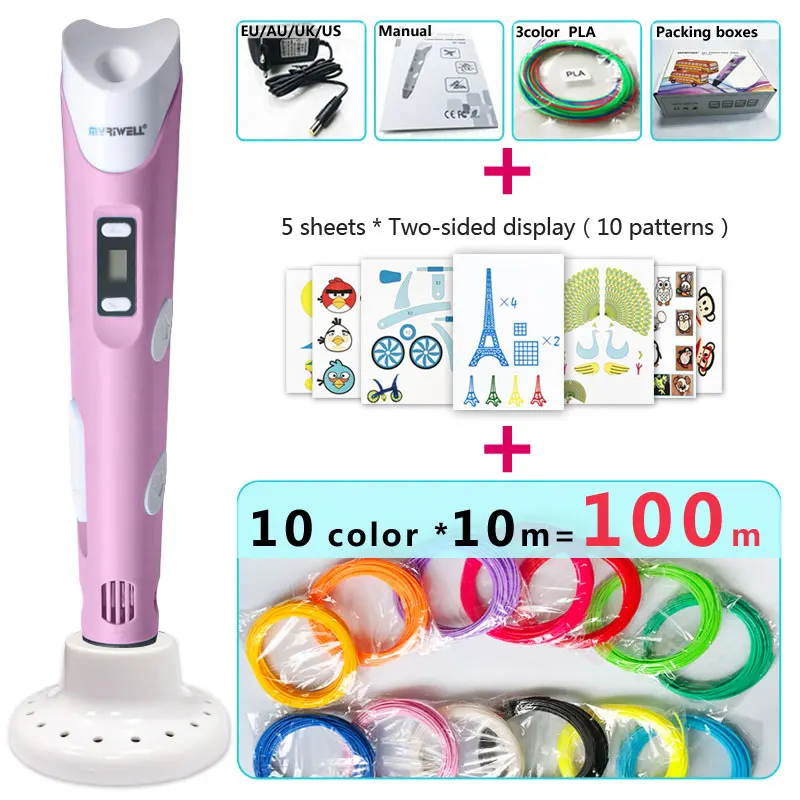 Pink pen Package 4 Myriwell 3d Ручка 3d ручки, светодиодный дисплей, ABS/PLA нити, подарки для детей зарядка через USB, 3 d Ручка 3d модели Smart 3d печать pen-3d Волшебное перо - Цвет: Pink pen Package 4