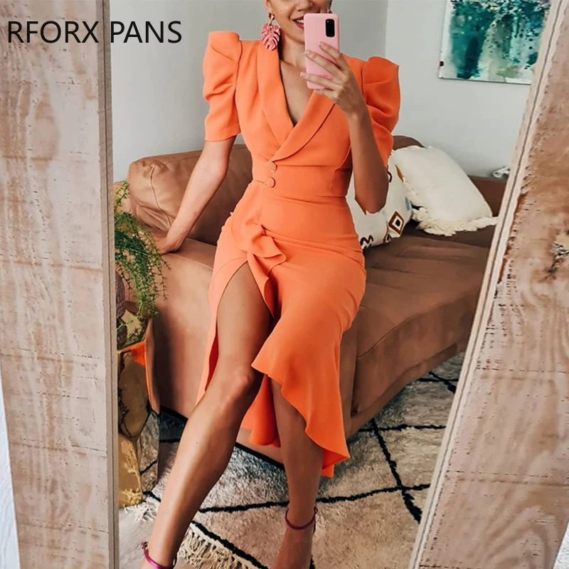Women V-Cut Ruffle Hem Slit Wrap Midi Dress Summer Dress Elegant Dress Women V-Cut Ruffle Hem Slit Wrap Midi Dress Summer Dress Elegant Dress