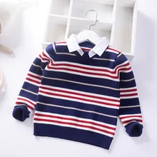 Коллекция года, новая осенне-зимняя рубашка свитера с воротником для мальчиков пуловер в полоску для малышей вязаная детская одежда детские свитера Одежда для мальчиков от 2 до 8 лет