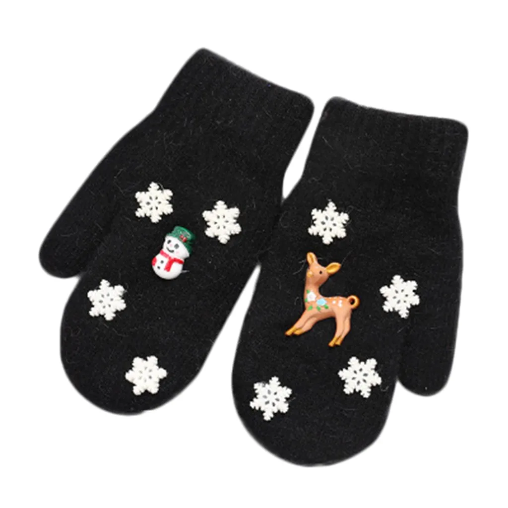 Детские Рождественские теплые вязаные перчатки, зимние перчатки с принтом, рождественские толстые варежки со снежинками, горячая Распродажа - Цвет: Black