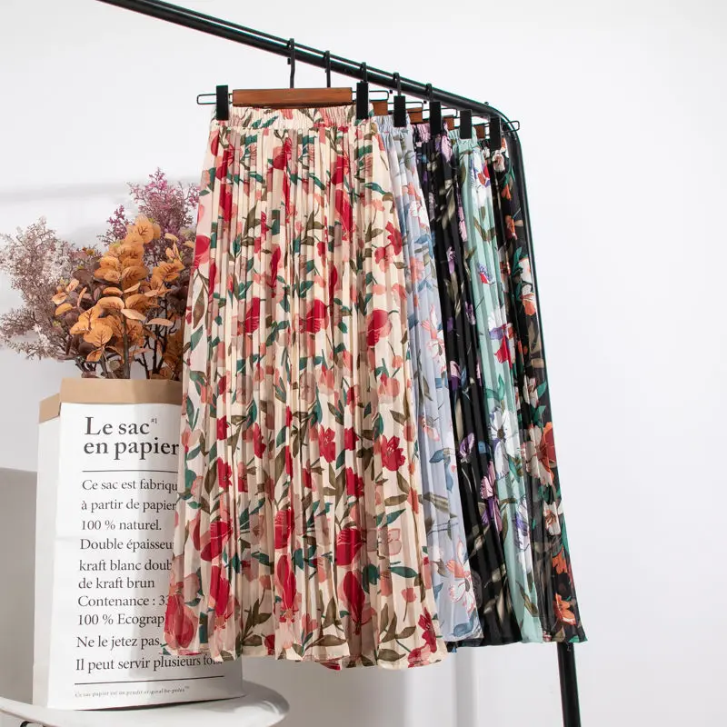 2021 New Summer Casual Korean Boho Skirt Beach Chiffon High Waist Long Maxi Woman Vintage Floral Print Pleated Skirts Y142 | Женская