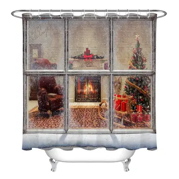 

Window Christmas Room Shower Curtain Liner Polyester Fabric & Hooks Bathroom Set