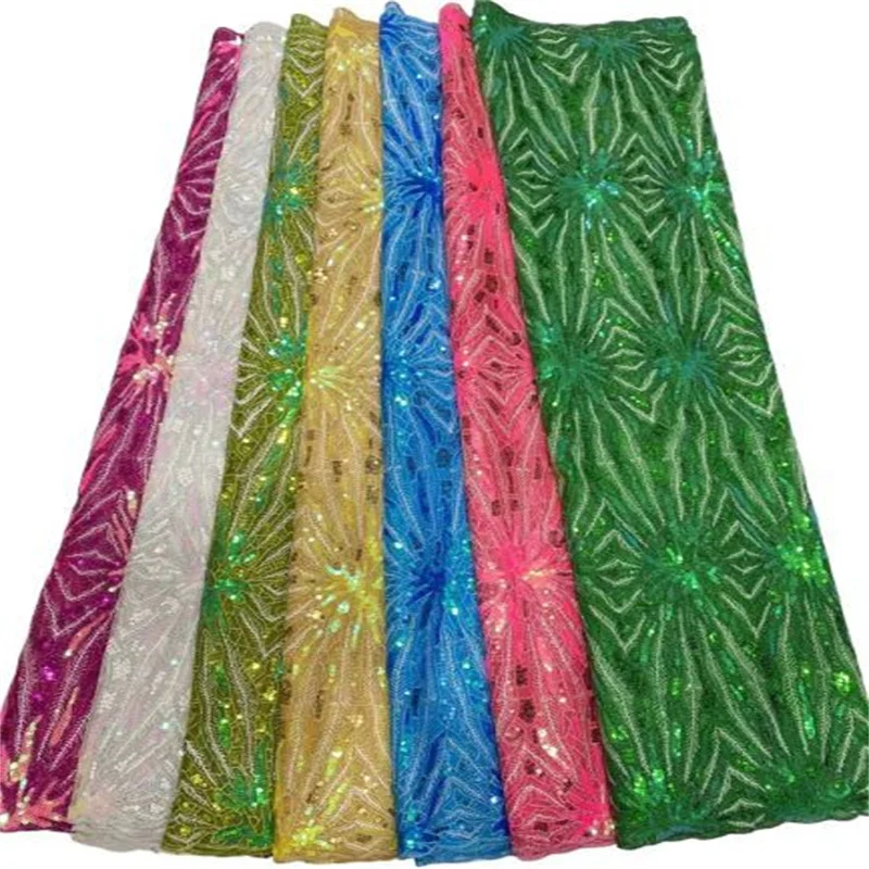 

White Sequins Lace Fabrics Nigerian Net Mesh Lace Fabric with Sequins High Quality African French Sequence Lace Fabric Green