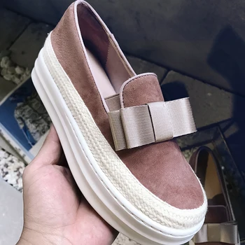 

Women's genuine suede leather slip-on platform flats loafers leisure soft comfortable espadrilles bowtie moccasins shoes women