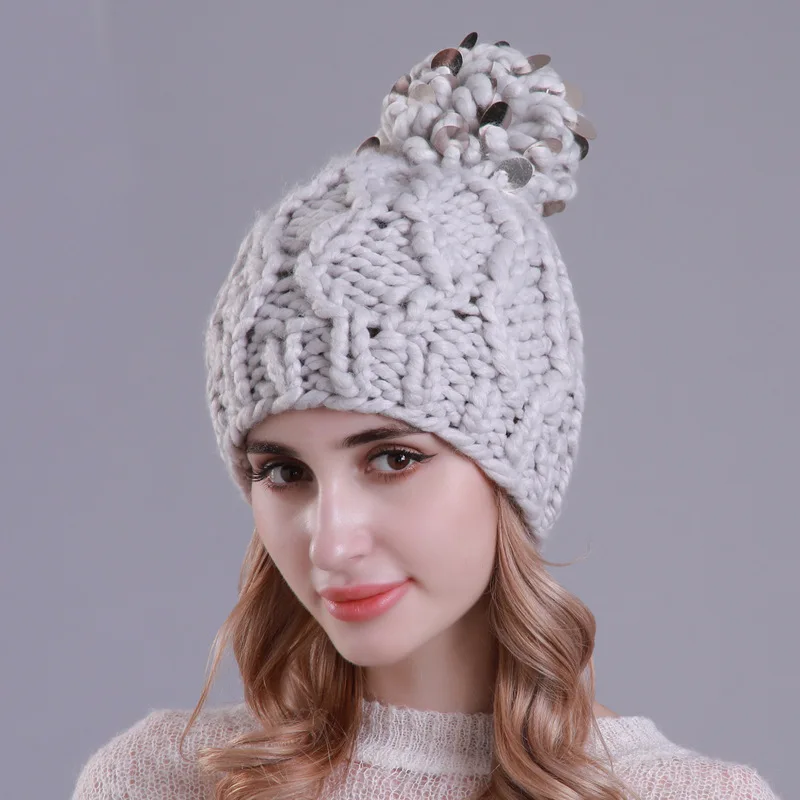GRAY Женская шапка-ушанка, вязаная шапка с блестками помпонами зимние сохраняющие тепло женские Скалли Шапки - Цвет: GRAY