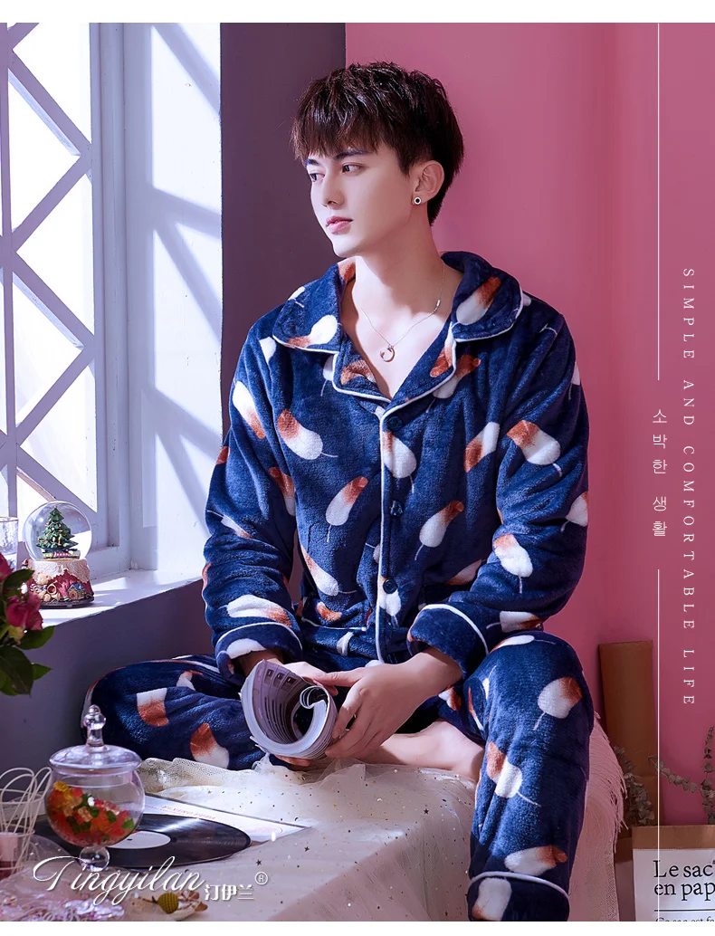 H5884 одежда для сна для мужчин Пижамный костюм полосатый принт плотное Фланелевое ночное белье зимнее теплое с длинными рукавами Коралловое бархатное ночное белье для подростков