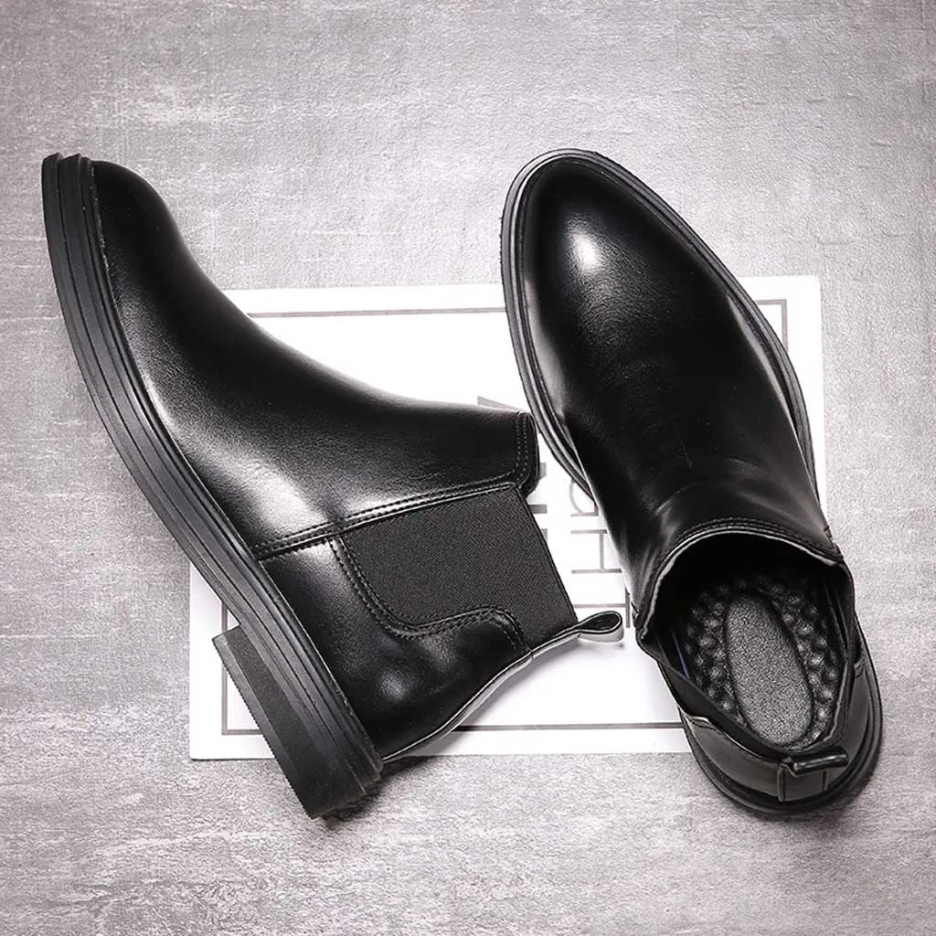 Men's Leather Winter Boots Fashion Slip-On Western Snow Boots Casual Comfy Low-heeled Shoes Keep Warm High-Top Suit Shoes