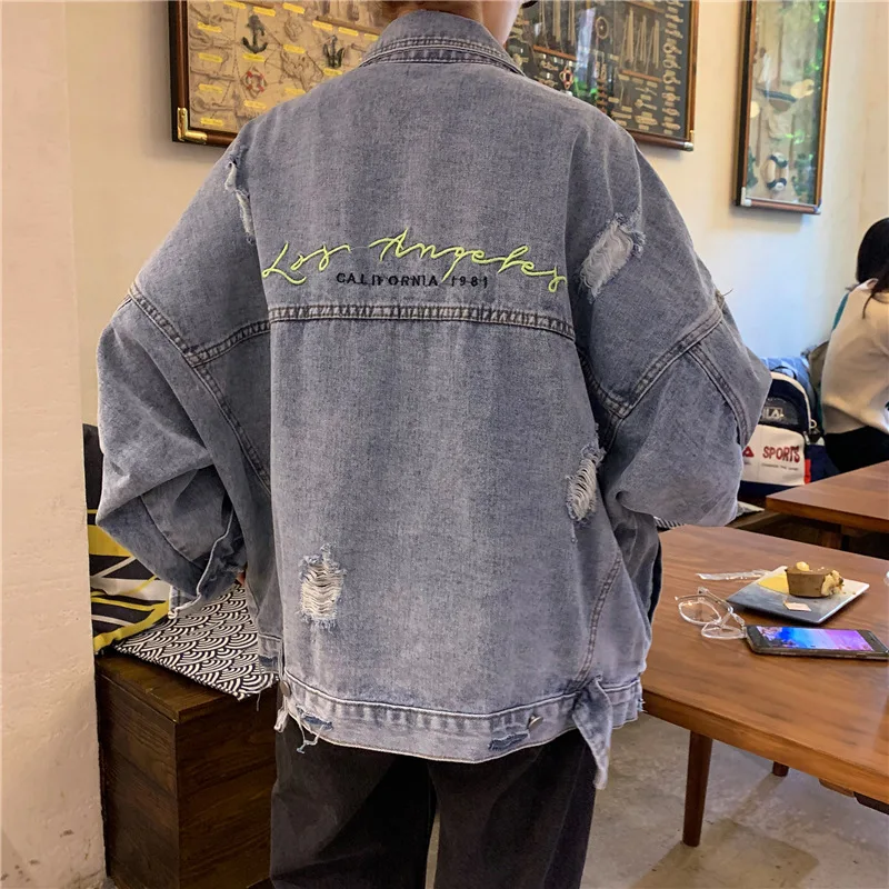 

2019 Early Autumn Korean-style Fashion Loose BF Style with Holes Jeans Coat Hong Kong Style Casual Back Lettered Embroidered Jac