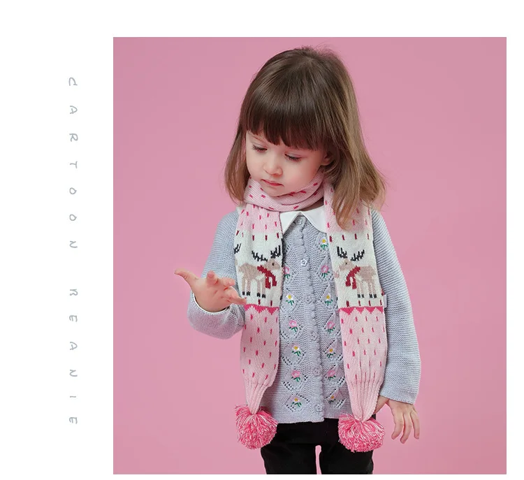 Осенне-зимний розовый Хлопковый вязаный шарф с рогами для маленьких девочек, шерстяной Теплый детский шарф