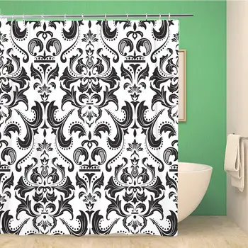 

Bathroom Shower Curtain Antique Damask Royal Pattern on Black and Baroque Drapery Polyester Fabric 72x72 inches Waterproof Bath