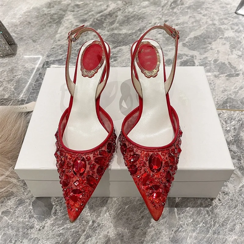 

Summer stiletto high heels Baotou lace red rhinestone bridal wedding shoes banquet dress all-match small size female sandals