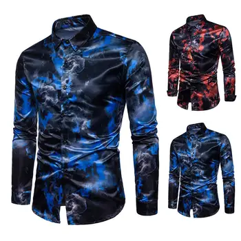 

Spring Autumn Shirts Men Ink Painting Turn Down Collar Long Sleeve Shirts Slimed Fit Mens Shirts Top Men's Clothing