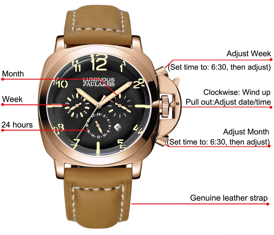 Automatic Self Wind Mechanical Genuine Brown Leather Strap Multifunction Date Month Yellow Green Luminous Rose Gold Men Watch