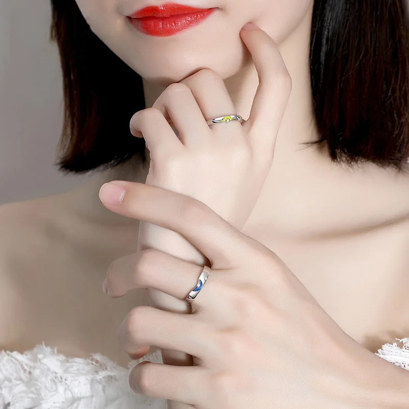 925 Sterling Silver Zircon Sun Moon Open Lovers Ring Romantic Couple Student Fine Jewelry Flyleaf