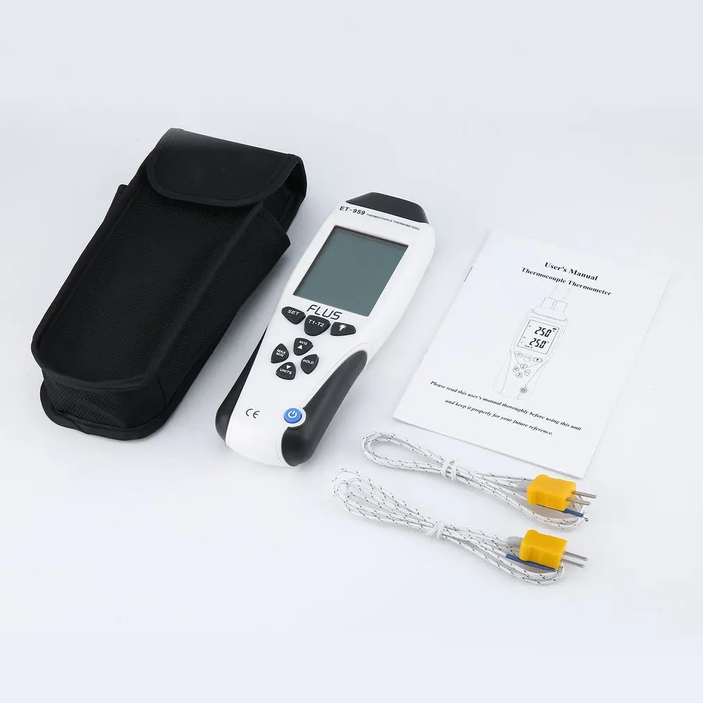 

FLUS ET-959 Digital Dual K-type J-type Thermocouple Thermometer Contact Temperature Meter LCD Handheld Tester Pyrometer
