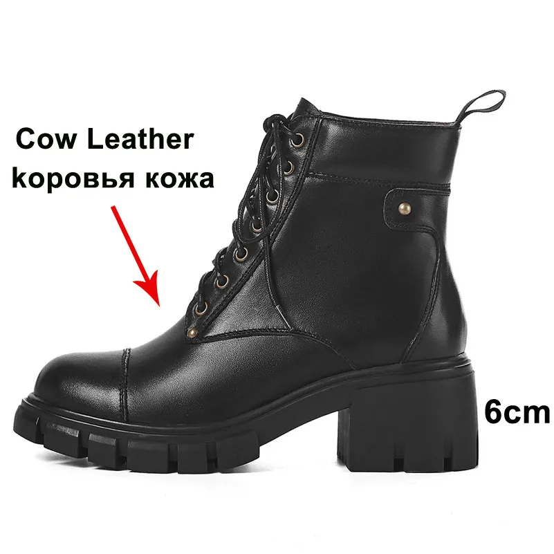 Meotina/Зимние ботильоны женские полусапожки из натуральной кожи на высоком толстом каблуке Обувь На Шнуровке с круглым носком Женская Осенняя обувь, размер 39
